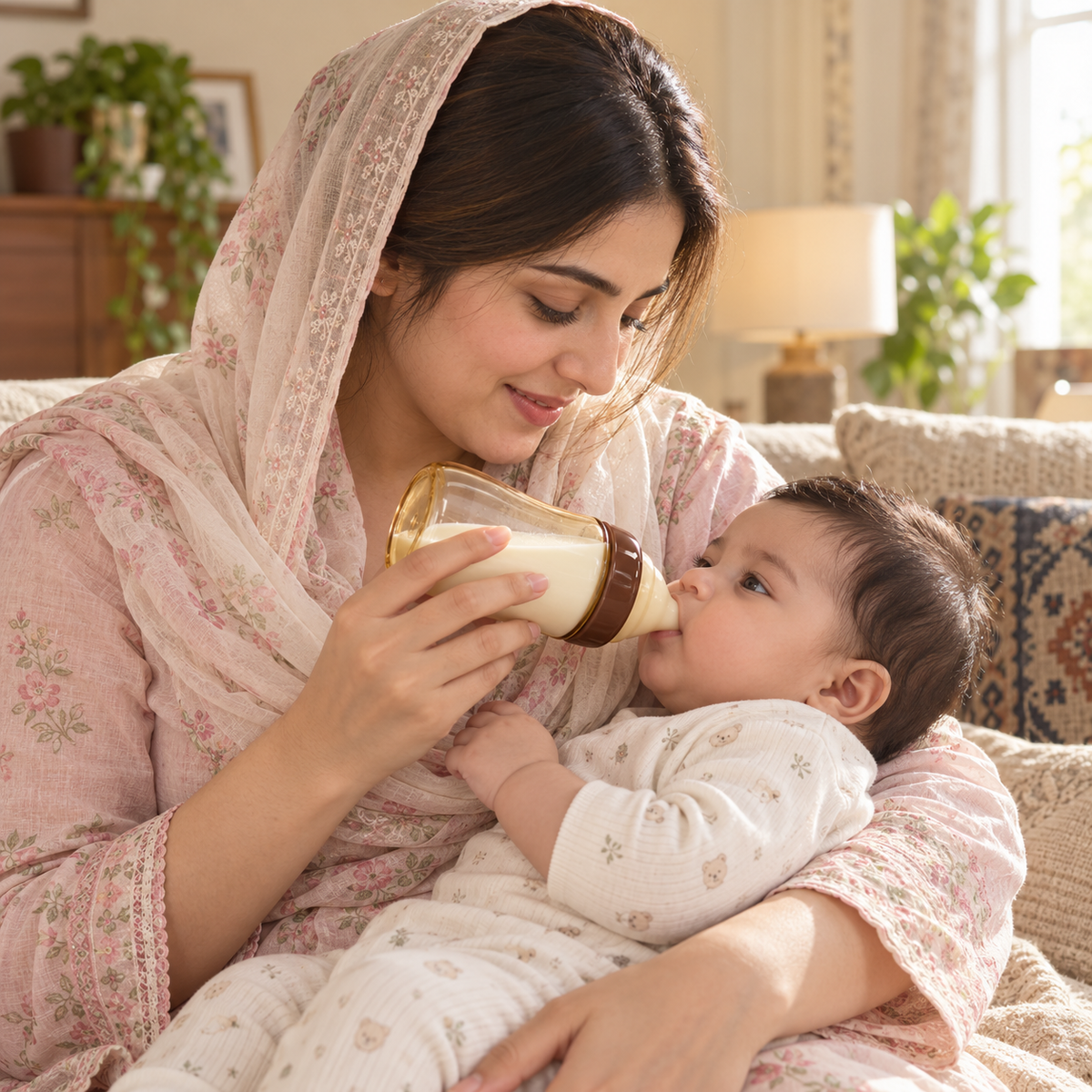 Mother bottle-feeding her baby with the anti-colic bottle