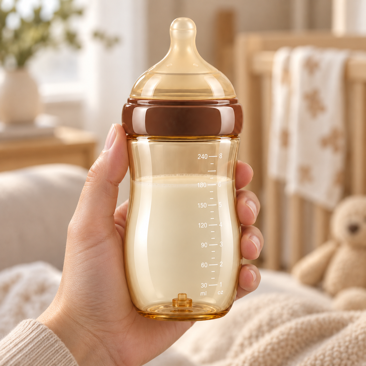 Parent holding the 240 ml anti-colic bottle
