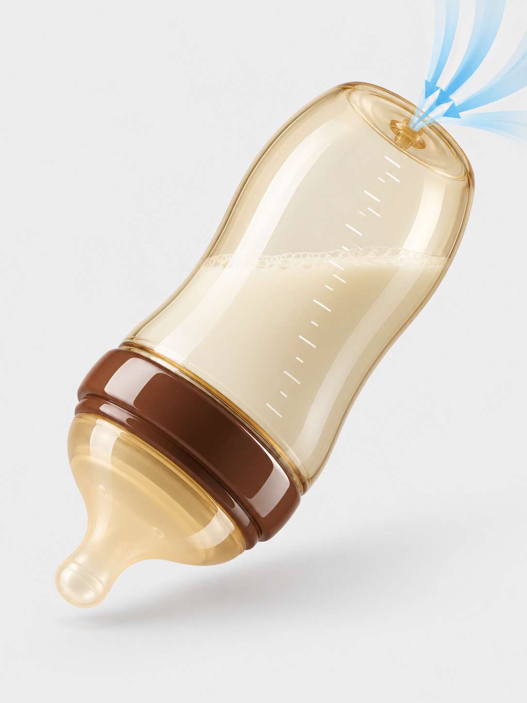 Anti-colic bottle with air entering through the base vent