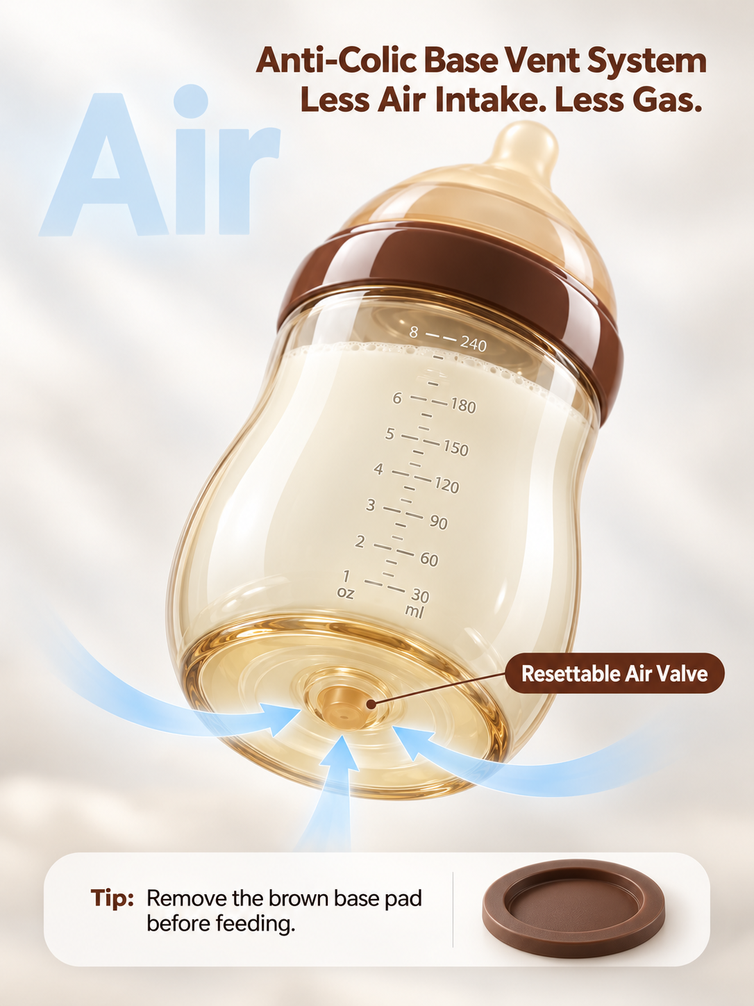 Anti-colic base vent system with resettable air valve