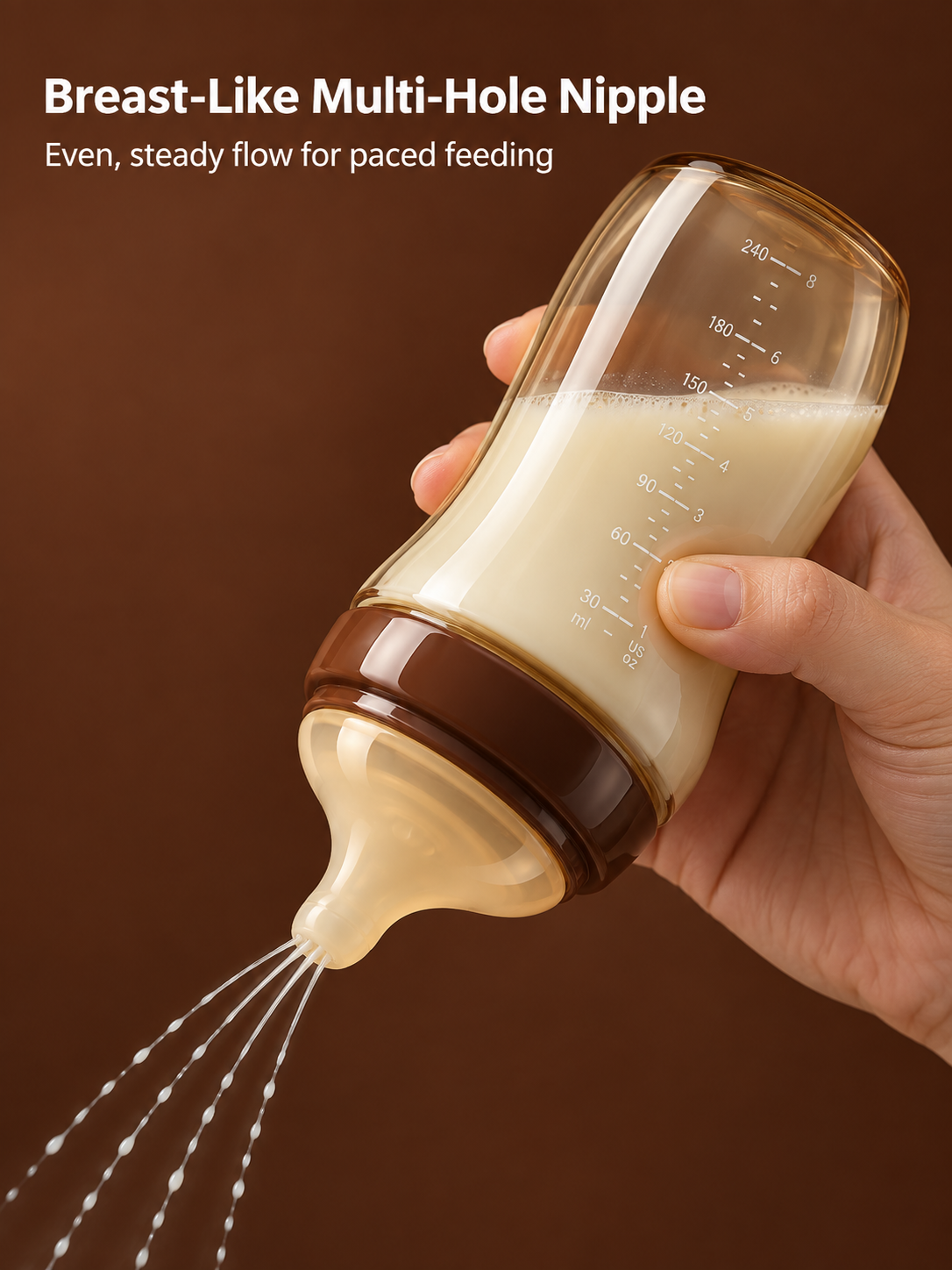 Breast-like multi-hole nipple with an even, steady flow