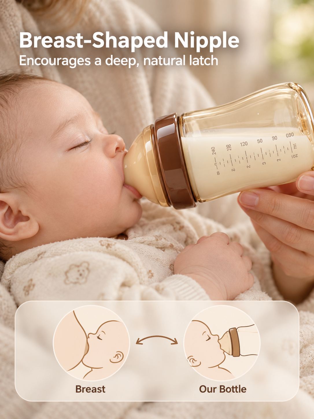 Breast-shaped nipple for a deep, natural latch
